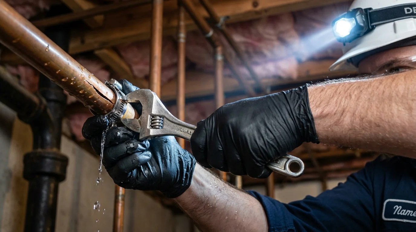 Emergency pipe clamp repair being performed by a Johns Plumbing LLC plumber in Rison